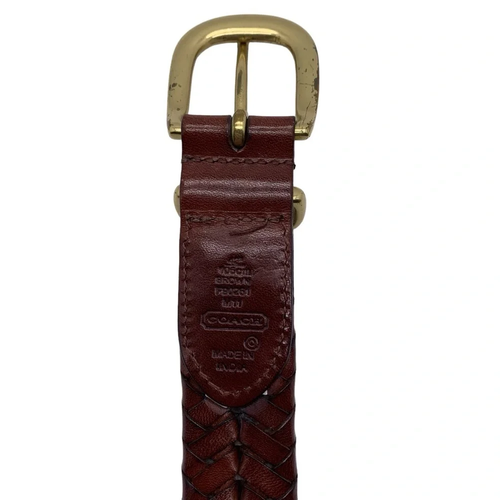 Coach 42” Braided Brown Leather Belt Brass‎ Buckle